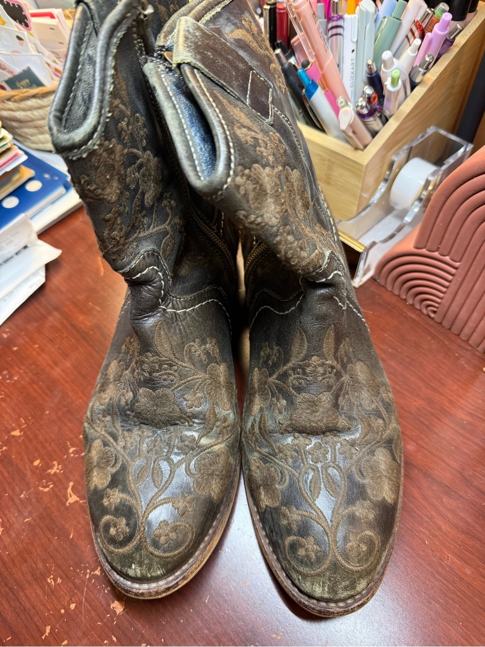 Taos Embroidered Brown Leather zip booties with brown detailing